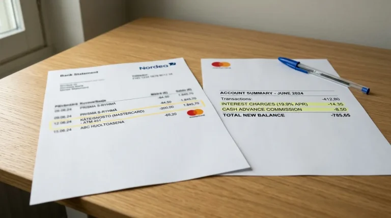 Pankkitiliote, jossa Mastercard-pelitalletus näkyy käteisnostona, vieressä korttilasku komission ja koron erittelyllä