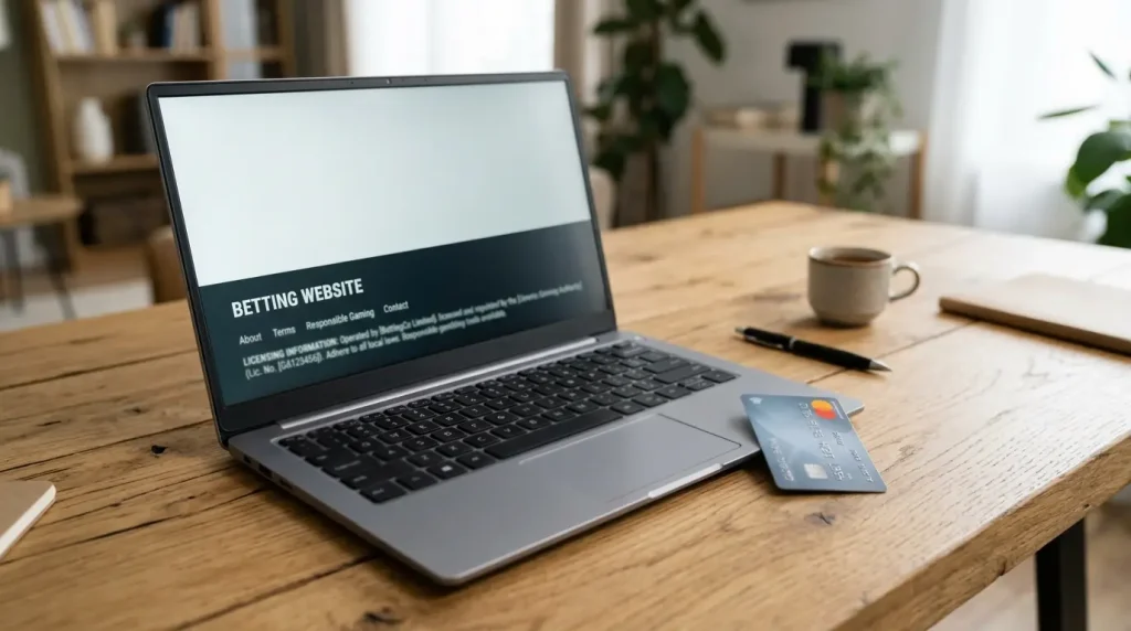 Curaçaon lipun siluetti, Mastercard-kortti ja kannettava tietokone, jossa lupatietoja sisältävä vedonlyöntisivun footer auki