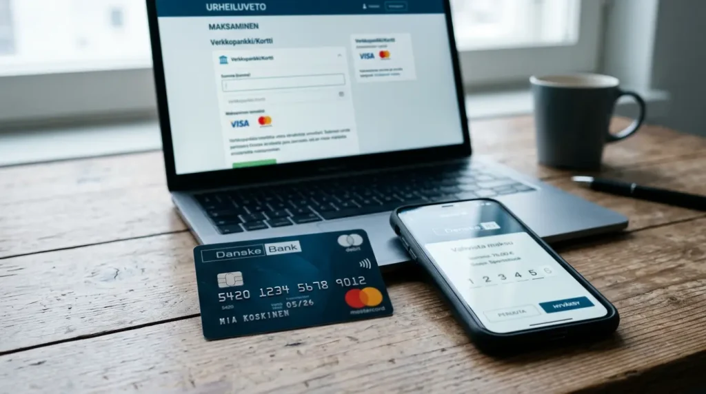 Danske Bank Mastercard ja Danske ID -sovellus puhelimen näytöllä, taustalla suomalaisen vedonlyöntisivun maksulomake