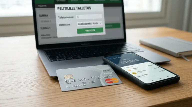 Debit Mastercard ja pankkitilin saldo puhelimen näytöllä, taustalla suomalaisen vedonlyöntisivun talletuslomake