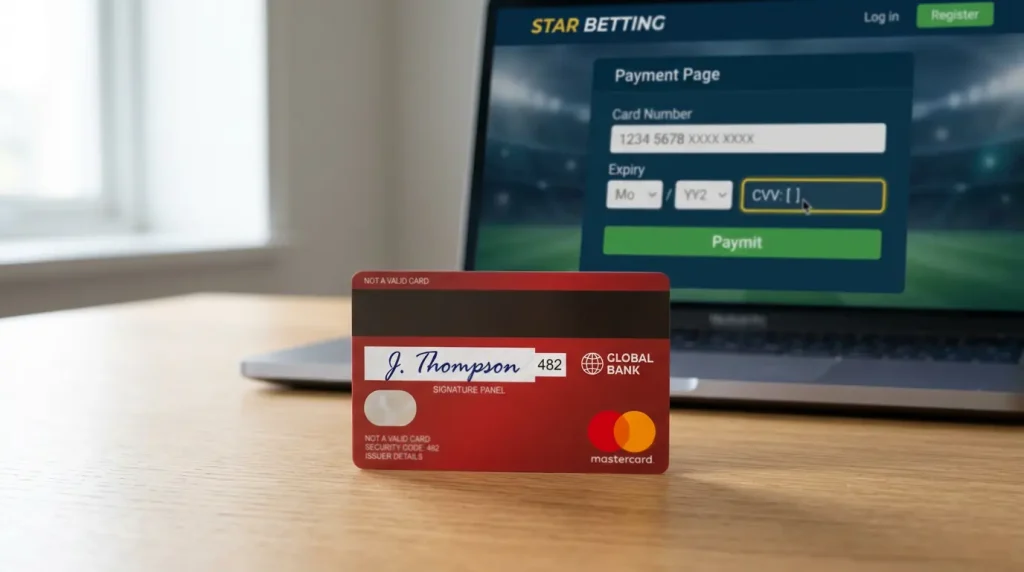 Mastercard-kortin takasivu CVV-koodilla, vieressä kannettava tietokone vedonlyöntisivun maksulomakkeella