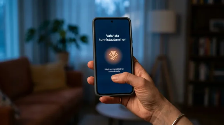 Käsi pitelee suomalaista älypuhelinta, jonka näytöllä avautuu pankkisovelluksen biometrinen vahvistuskehote vedonlyöntimaksun yhteydessä.