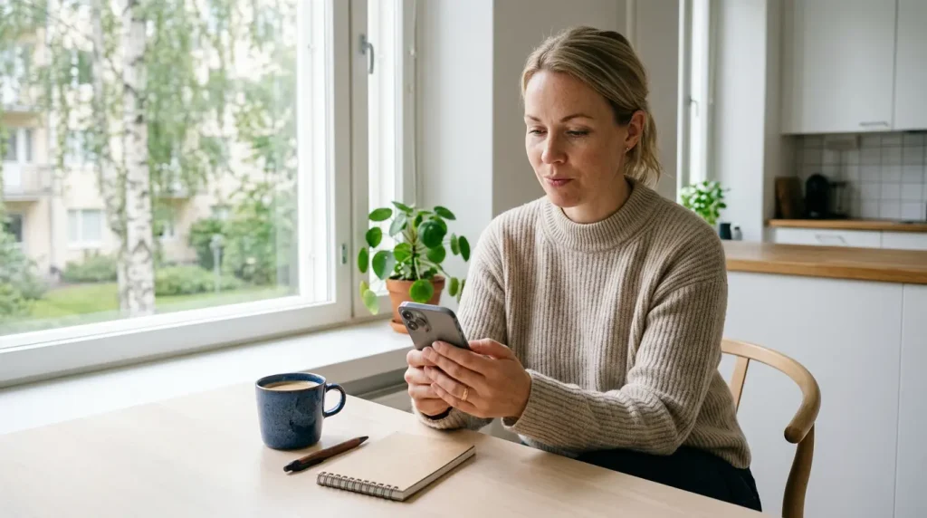 Pelaaja keittiön pöydän ääressä katsoo puhelimensa pankkisovelluksen näkymää, jossa odotetaan kotiutuksen saapumista vedonlyöntisivulta.