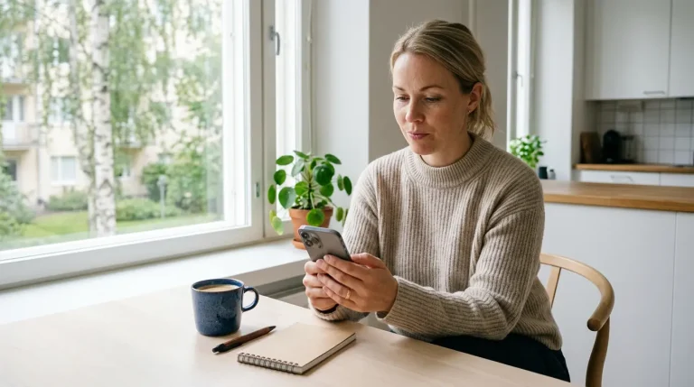 Pelaaja keittiön pöydän ääressä katsoo puhelimensa pankkisovelluksen näkymää, jossa odotetaan kotiutuksen saapumista vedonlyöntisivulta.