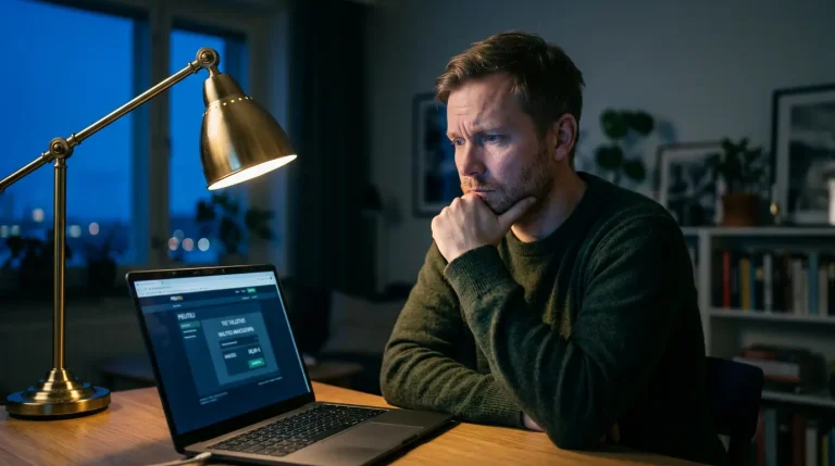 Suomalainen mies istuu mietteliäänä työpöytänsä ääressä iltavalossa ja katsoo kannettavan tietokoneen näytöllä avoinna olevaa vedonlyöntisivun maksunäkymää.