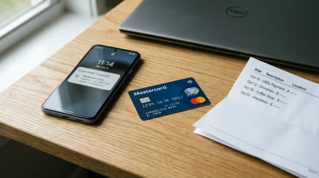 Luotto-Mastercard-kortti pöydällä laskupapereiden ja Peluuri-yhteystietojen vieressä, taustalla pelisivun maksunäkymä kannettavalla