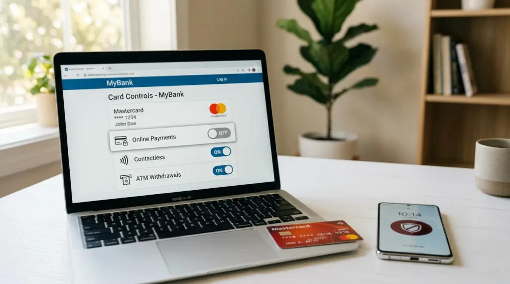 Verkkopankin pelilukko-näkymä avoinna kannettavalla, vieressä Mastercard-kortti ja BetBlocker-sovelluksen kuvake älypuhelimessa
