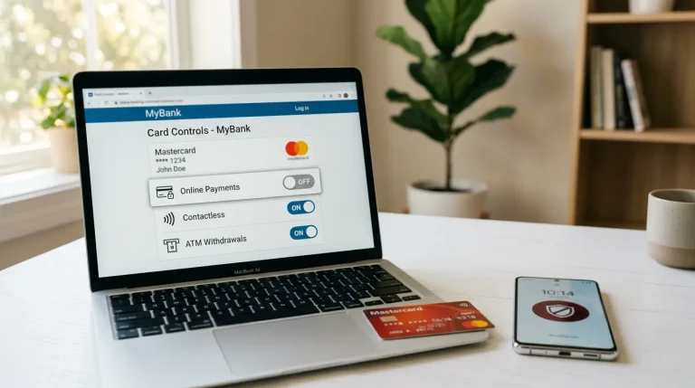 Verkkopankin pelilukko-näkymä avoinna kannettavalla, vieressä Mastercard-kortti ja BetBlocker-sovelluksen kuvake älypuhelimessa
