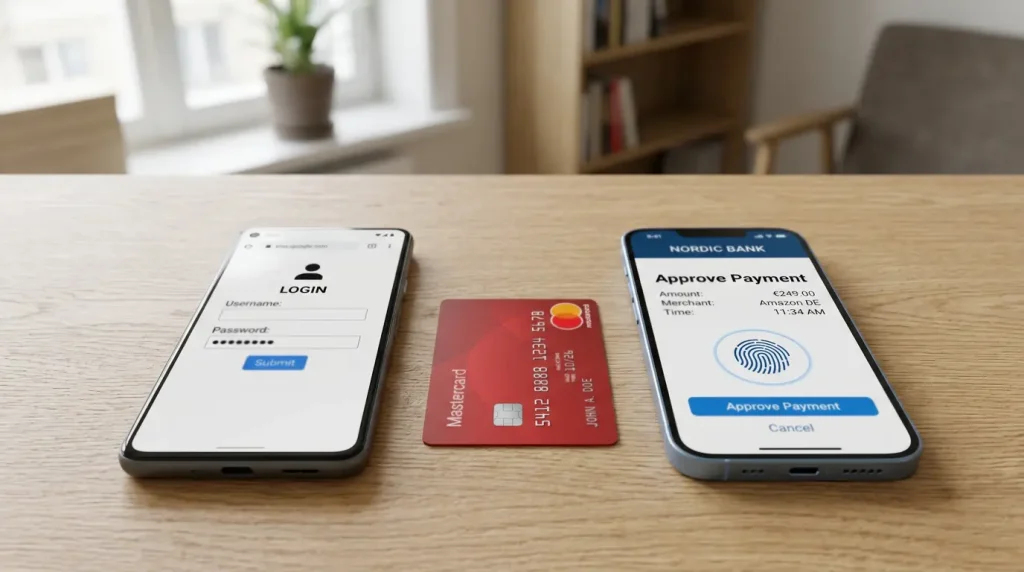Kaksi rinnakkaista mobiilinäyttöä: vasemmalla vanha SecureCode-salasanakenttä, oikealla nykyinen Identity Check -biometrinen tunnistautuminen