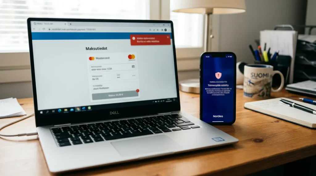 Tietokoneen näyttö, jossa pelisivun talletuslomakkeessa virheilmoitus epäonnistuneesta Mastercard-tapahtumasta, vieressä pankin sovellus puhelimessa