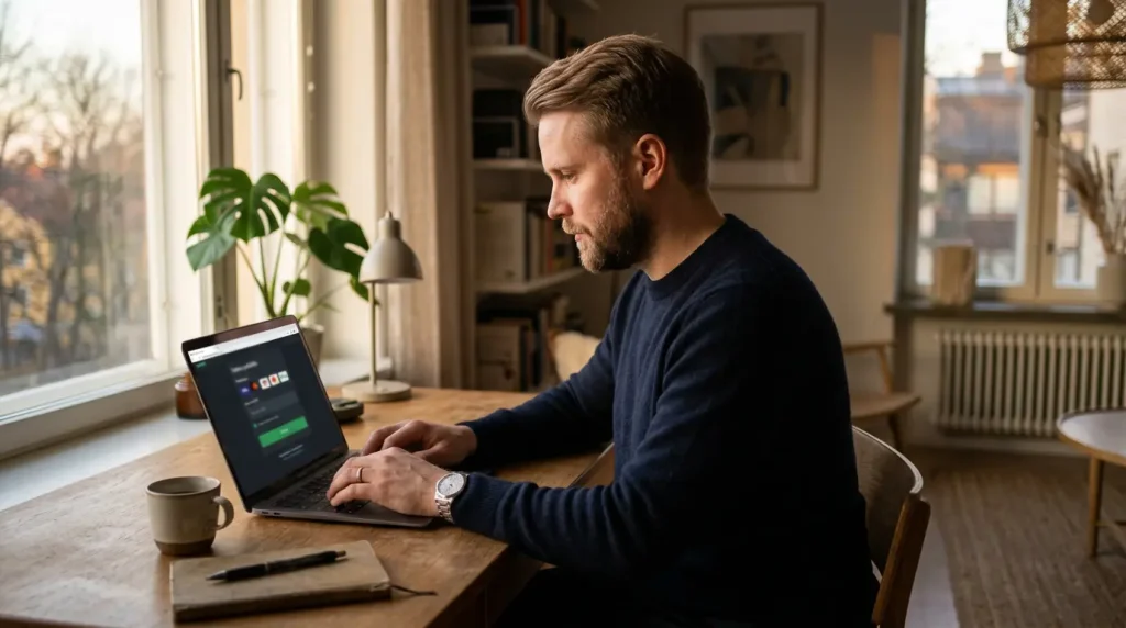 Suomalainen pelaaja istuu kotona kannettavan tietokoneen ääressä ja syöttää maksutietoja vedonlyöntisivun talletuslomakkeeseen lämpimässä iltavalossa.