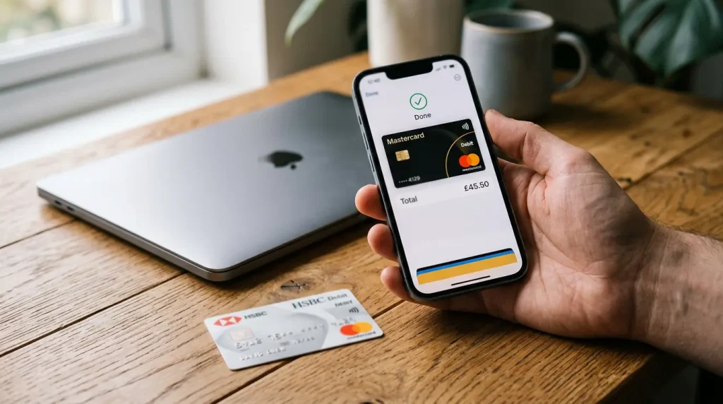 iPhone Apple Pay -näyttöruutu vedonlyöntimaksun aikana, taustalla pöydällä fyysinen Mastercard-kortti