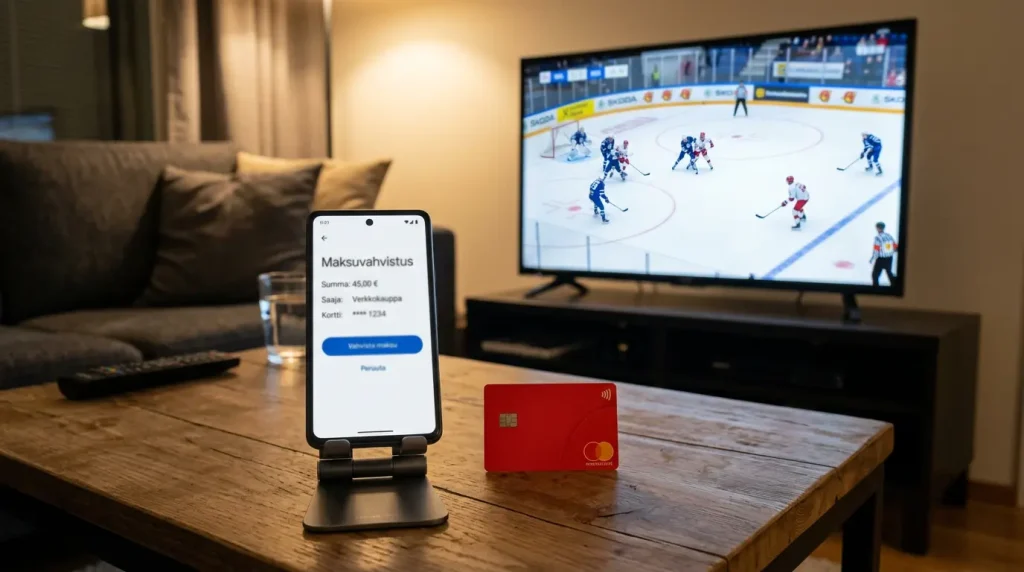 Älypuhelin näytöllä avoinna MobilePay-sovellus, vieressä pöydällä Mastercard-kortti ja jääkiekko-ottelun streami toisella laitteella