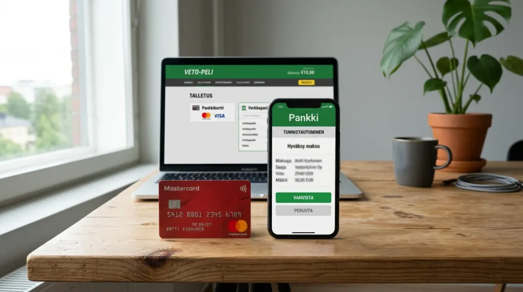 Mastercard-kortti ja Trustly-logo rinnakkain pöydällä, taustalla suomalaisen verkkopankin tunnistautumisnäyttö