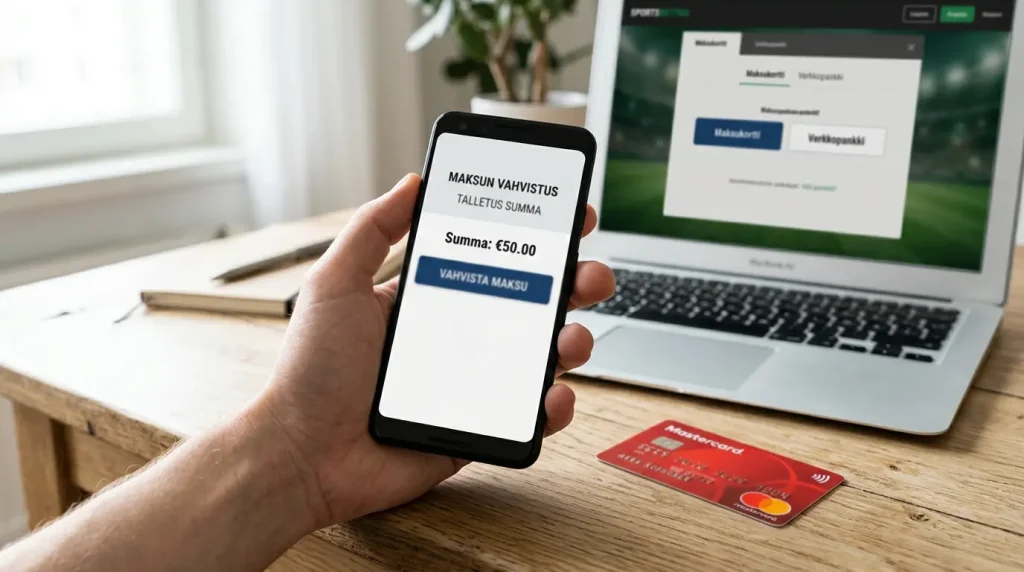 Käsi pitelee älypuhelinta Zimpler-maksunäytön avoimena, vieressä pöydällä Mastercard-kortti ja kannettava tietokone vedonlyöntisivulla