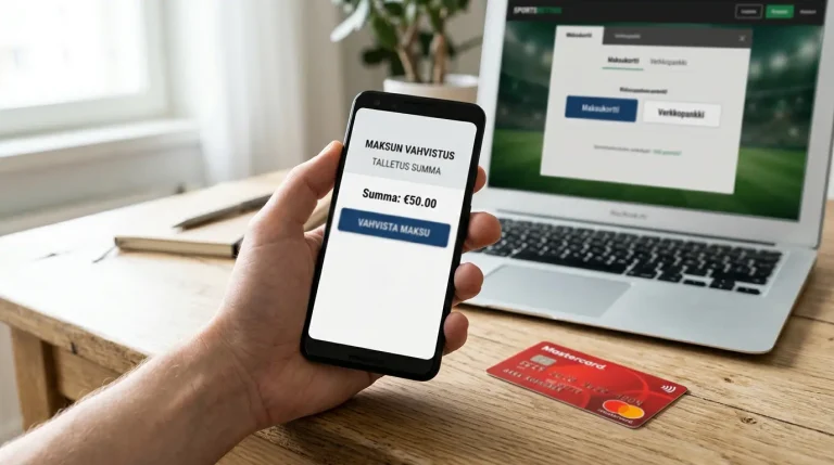 Käsi pitelee älypuhelinta Zimpler-maksunäytön avoimena, vieressä pöydällä Mastercard-kortti ja kannettava tietokone vedonlyöntisivulla