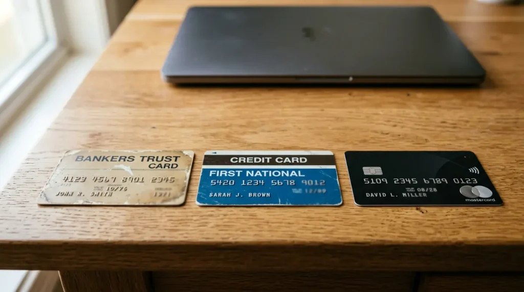 Aikajana Mastercardin historiasta — vanha Master Charge -kortti, 1980-luvun magneettikortti ja moderni kontaktiton Mastercard kannettavalla tietokoneella