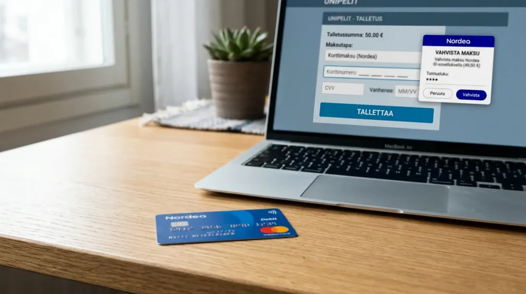 Nordea Mastercard -kortti vedonlyöntisivun maksulomakkeen vieressä, taustalla Nordea ID -tunnistautumisikkuna kannettavalla tietokoneella