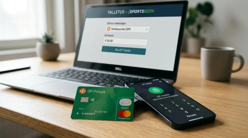 OP-Pohjola Mastercard ja OP-mobiili-sovellus puhelimen näytöllä, taustalla vedonlyöntisivun talletuslomake