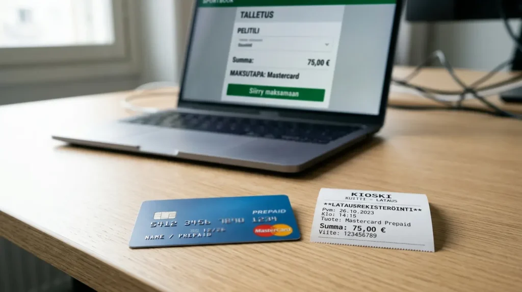 Prepaid Mastercard ja lataustosite, vieressä avoinna pelisivun talletuslomake kannettavalla tietokoneella