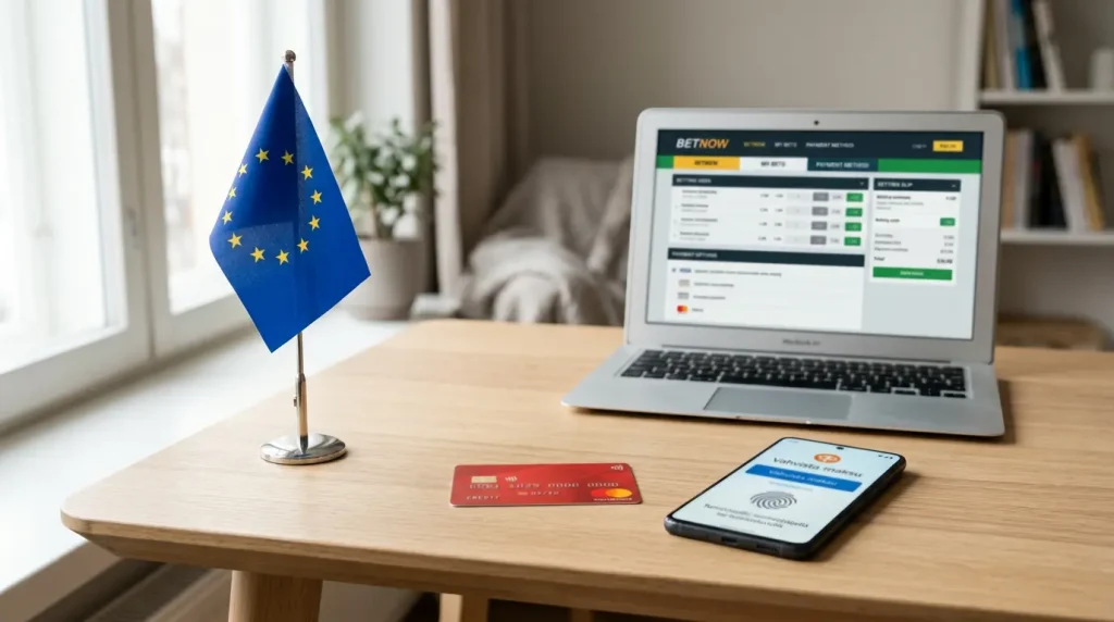 EU-lippu, Mastercard-kortti ja mobiilipankin tunnistautumisnäyttö pöydällä, taustalla vedonlyöntisivu kannettavalla