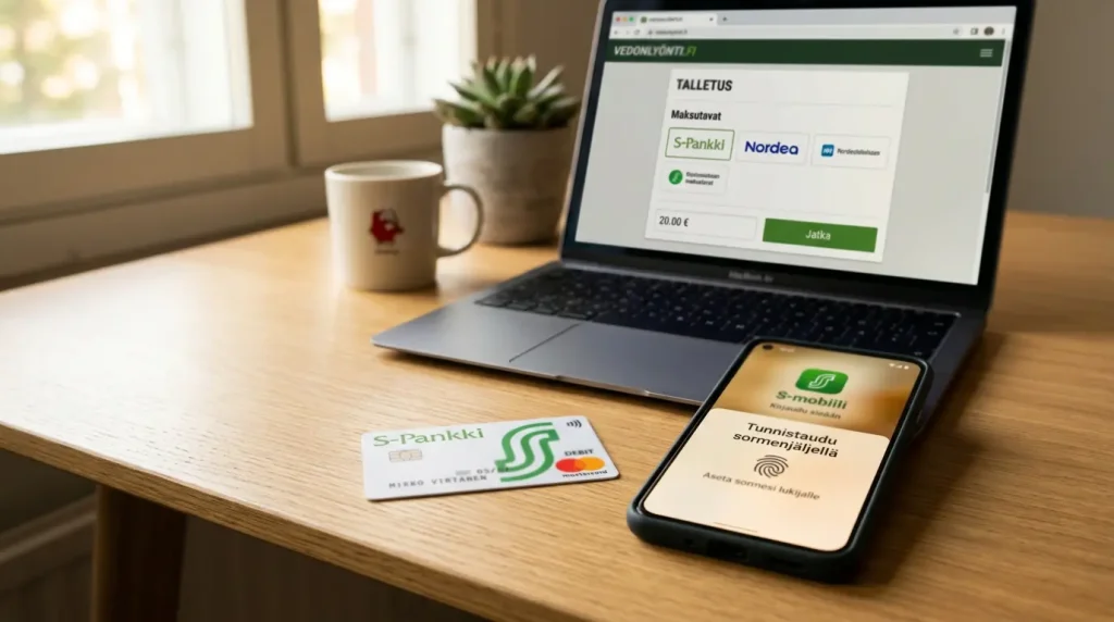 S-Pankin Mastercard ja S-mobiili-sovellus puhelimen näytöllä, taustalla suomalaisen vedonlyöntisivun talletusvalikko