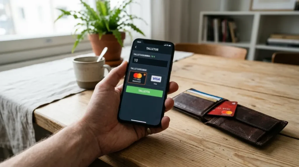 Pelisivun talletusnäkymä, jossa vähimmäissumma 10 euroa Mastercard-vaihtoehdolla, vieressä lompakko ja Mastercard-kortti